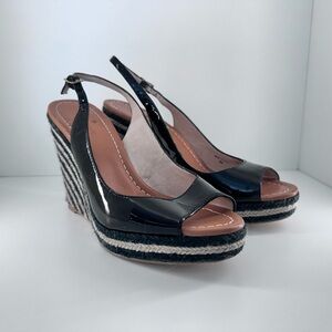 Kate Spade black white espadrille wedges patent leather peeptoe 8M